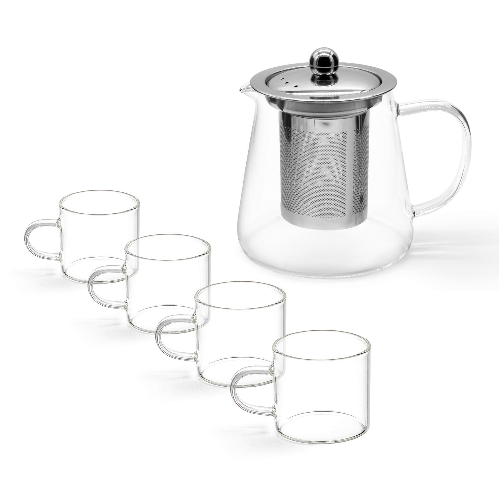 t24 Teiera in vetro con setaccio, resistente al calore, estraibile, filtro in acciaio inox (1700 ml) (600 ml + 4 x 100 ml)