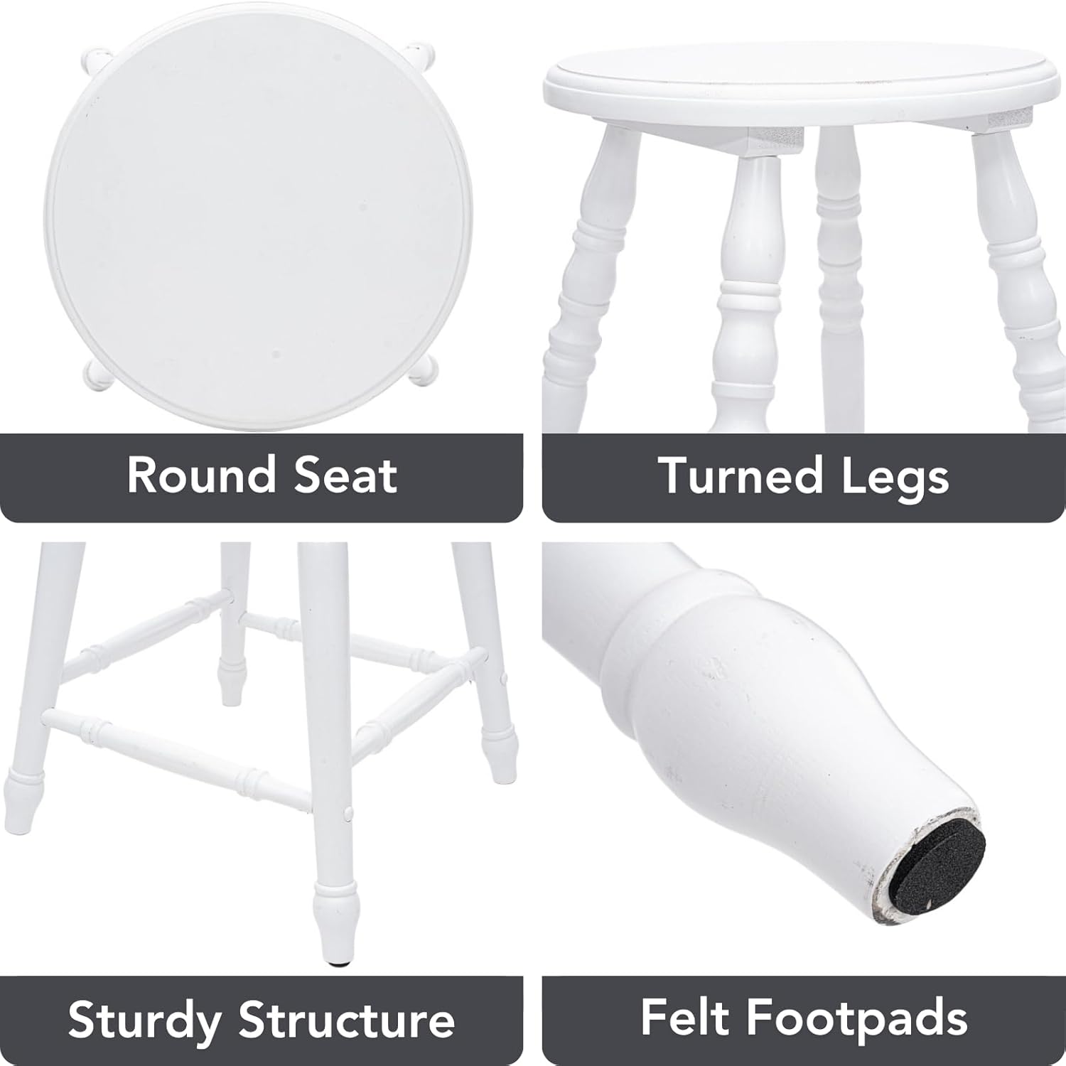 chairus 24" White Backless Counter Height Bar Stools Set of 2, Farmhouse Wooden Counter Stools with Round Seat & Turned Legs, Rustic Vintage Colonial Short Bar Chairs for Kitchen Island