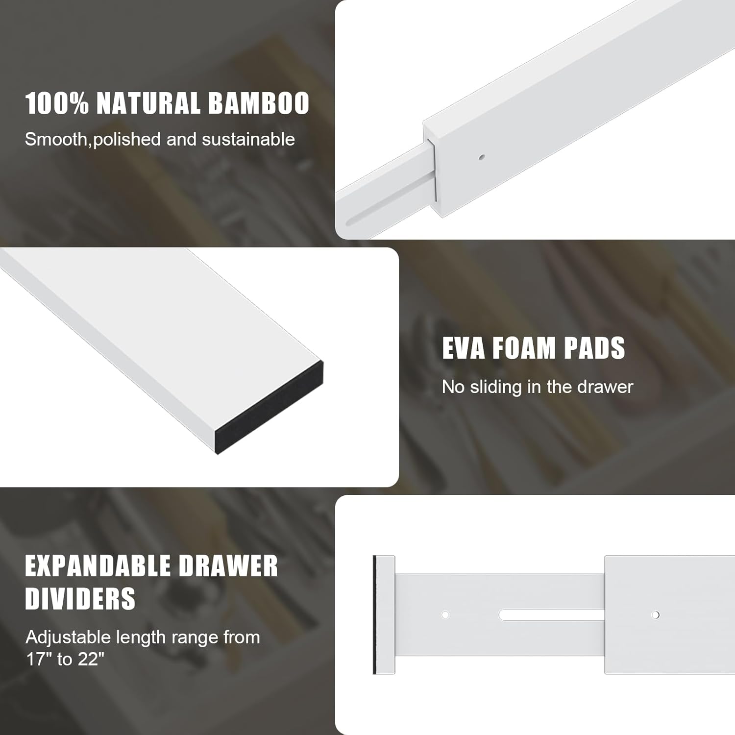 Bamboo Drawer Dividers,17-22" Adjustable Kitchen Drawer Organizer for Clothes,6 Pack Expandable Drawer Organization Separators for Bedroom,Bathroom,Dresser and Office,White