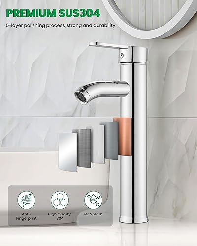 Miniatura 5 de gotonovo Grifo de lavabo moderno y alto de baño de una sola manija, un agujero, acero inoxidable, lavabo para lavabo, Rv, con líneas de suministro y