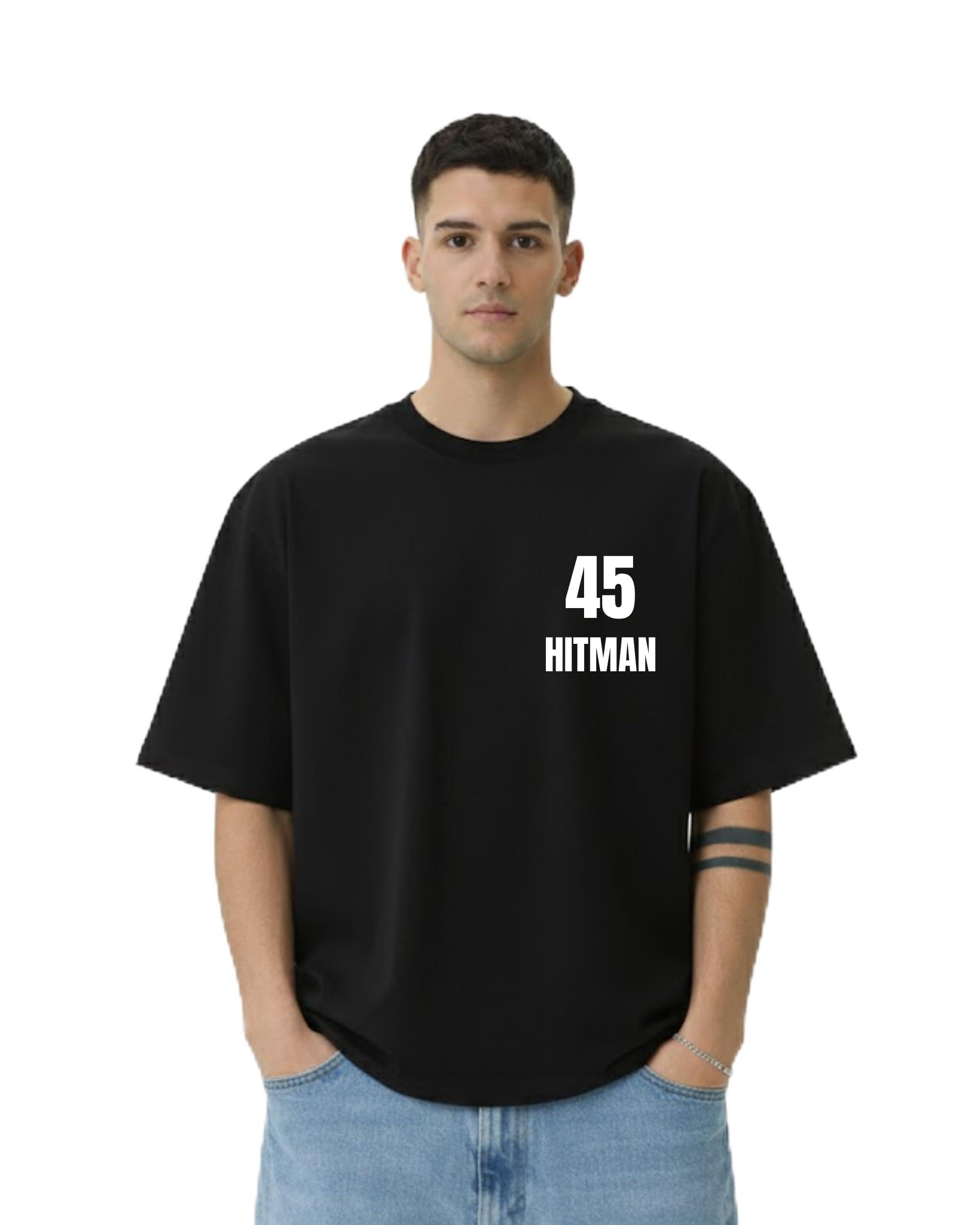 Rohit Sharma Hitman 45 Oversized Fan T-Shirt, Black, Premium 240 GSM Cotton, HD Print, Unisex-image-9