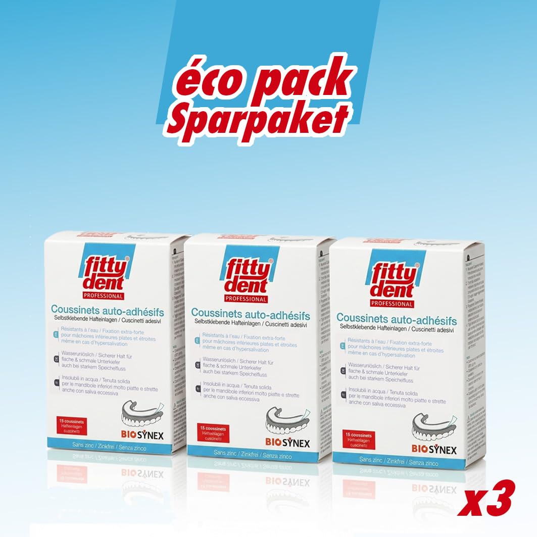 FITTYDENT - Coussinets Adhésifs Pour Prothèse Dentaire Inférieure - Fixation Extra Forte - Lot de 3 Boîtes de 15 Adhésifs