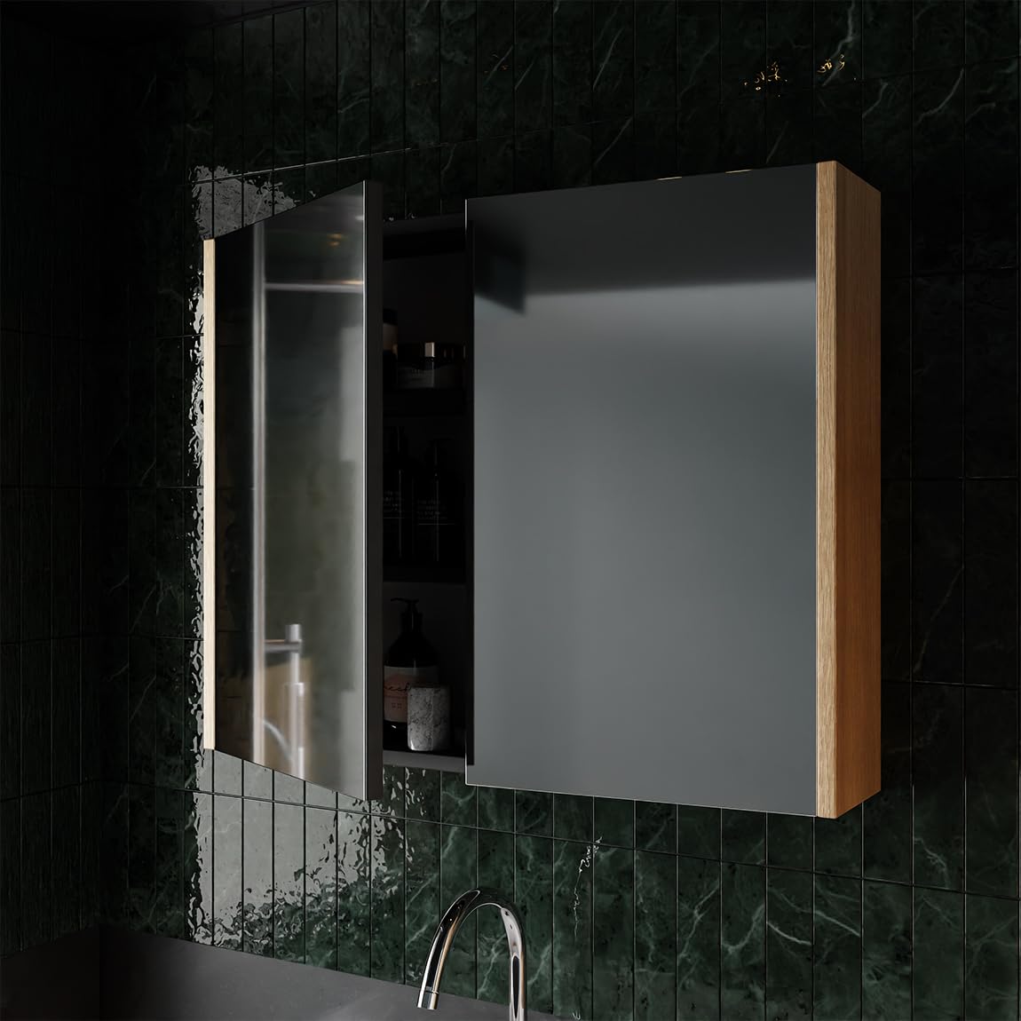 Karen Ensemble Meuble Salle de Bain 80 cm Dallas – Set 4 pièces en chêne & Anthracite, Meuble sous-Vasque Suspendu avec lavabo, Armoire Miroir et Colonne de Rangement