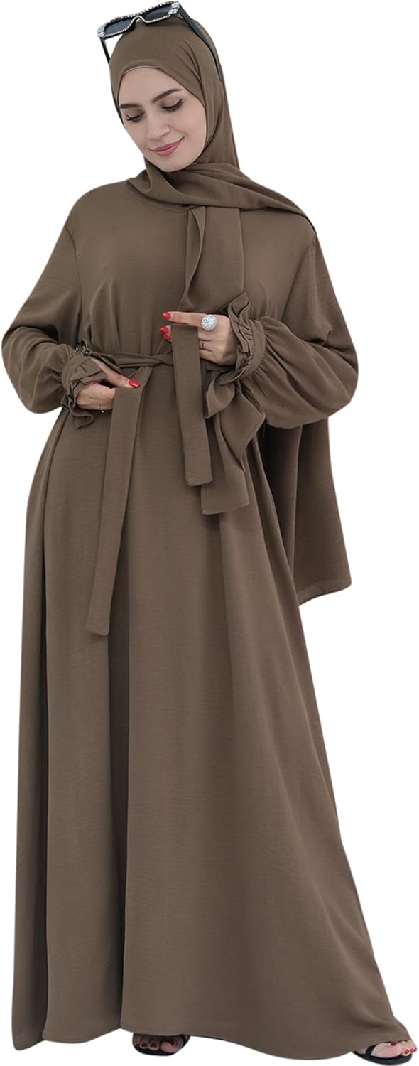 Hooded Prayer Dress Women Flowy Abaya Muslim Dress with Hijab Modest Long Sleeve Robe with Scarf