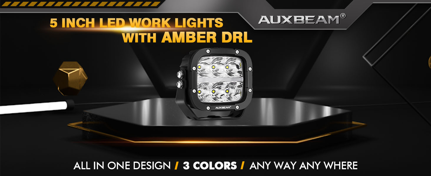 Image of Auxbeam XP-Ultra Series 5-Inch Amber DRL 3-Mode Offroad Cube Lights 2-Pack | 132W 15600LM, Spot Flood Combo, Dual Color Temp, Amber White Lens Covers, IP68 Waterproof, Plug and Play, Universal Fit