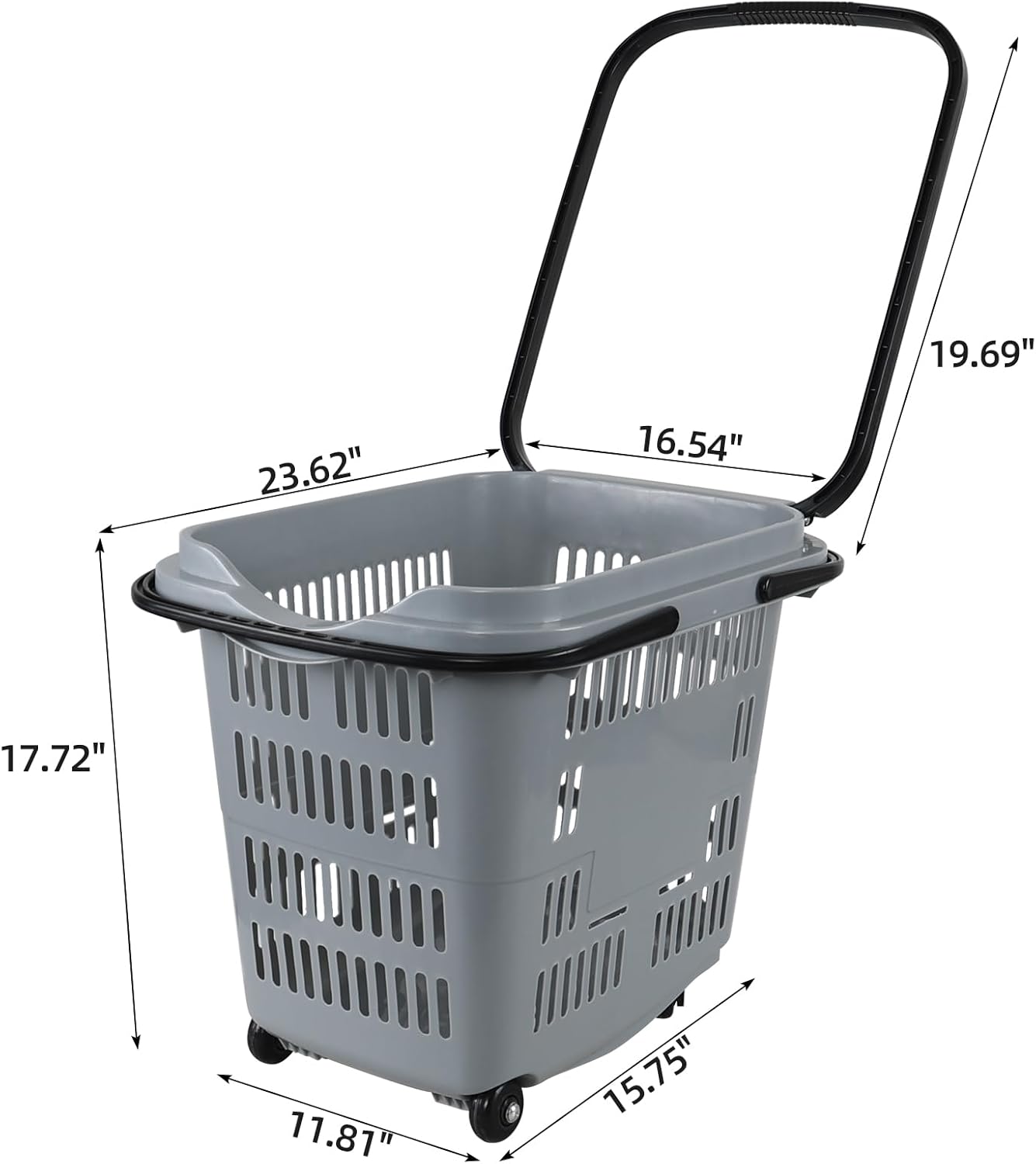 Readsky 4-Pack Large Plastic Rolling Shopping Basket with Handles, 50 L Shopping Basket with Wheels for Supermarkets Retail Stores, Gray