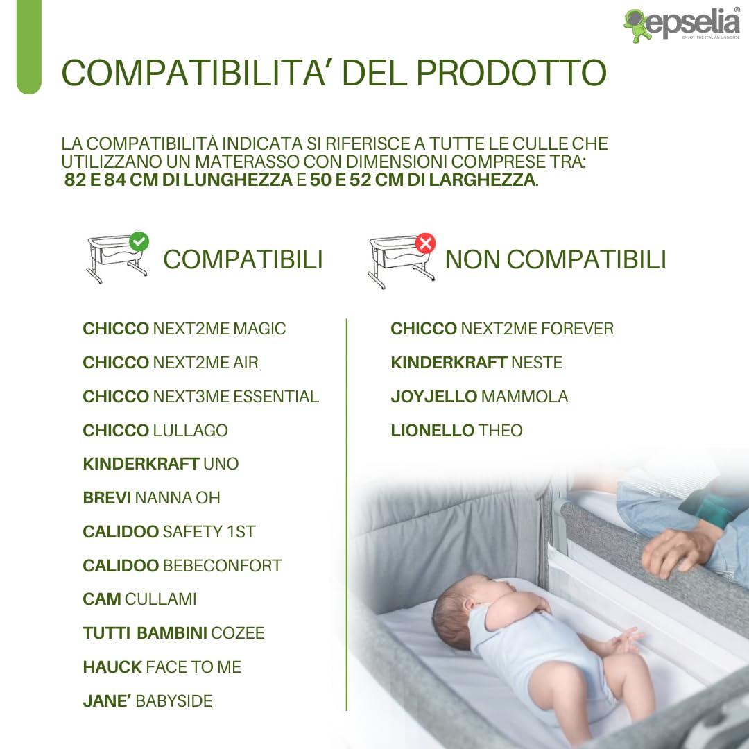 EPSELIA Next To Me - Colchón para cuna de bambú ecológico, transpirable, conforme a la norma antiasfixia EN16890:2017, 83 x 50 x 8 cm, Chicco Uno Lullago Jane Baby Cam Cullami Brevi Close to Me Nanna