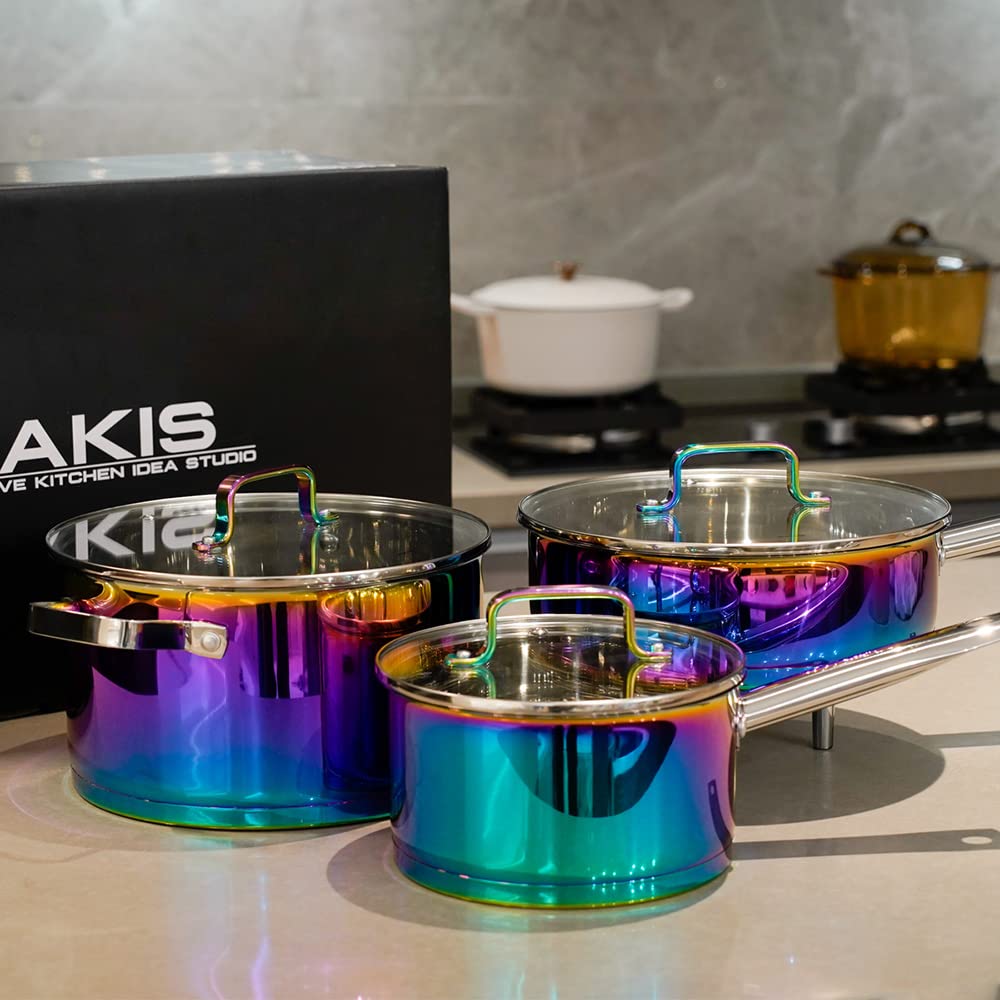 AKIS Dazzling 6-częściowy zestaw garnków ze stali nierdzewnej w kolorze tęczy, 1 garnek do gotowania, 1 patelnia, 1 garnek z 3 szklanymi pokrywkami, nadaje się do kuchenek indukcyjnych