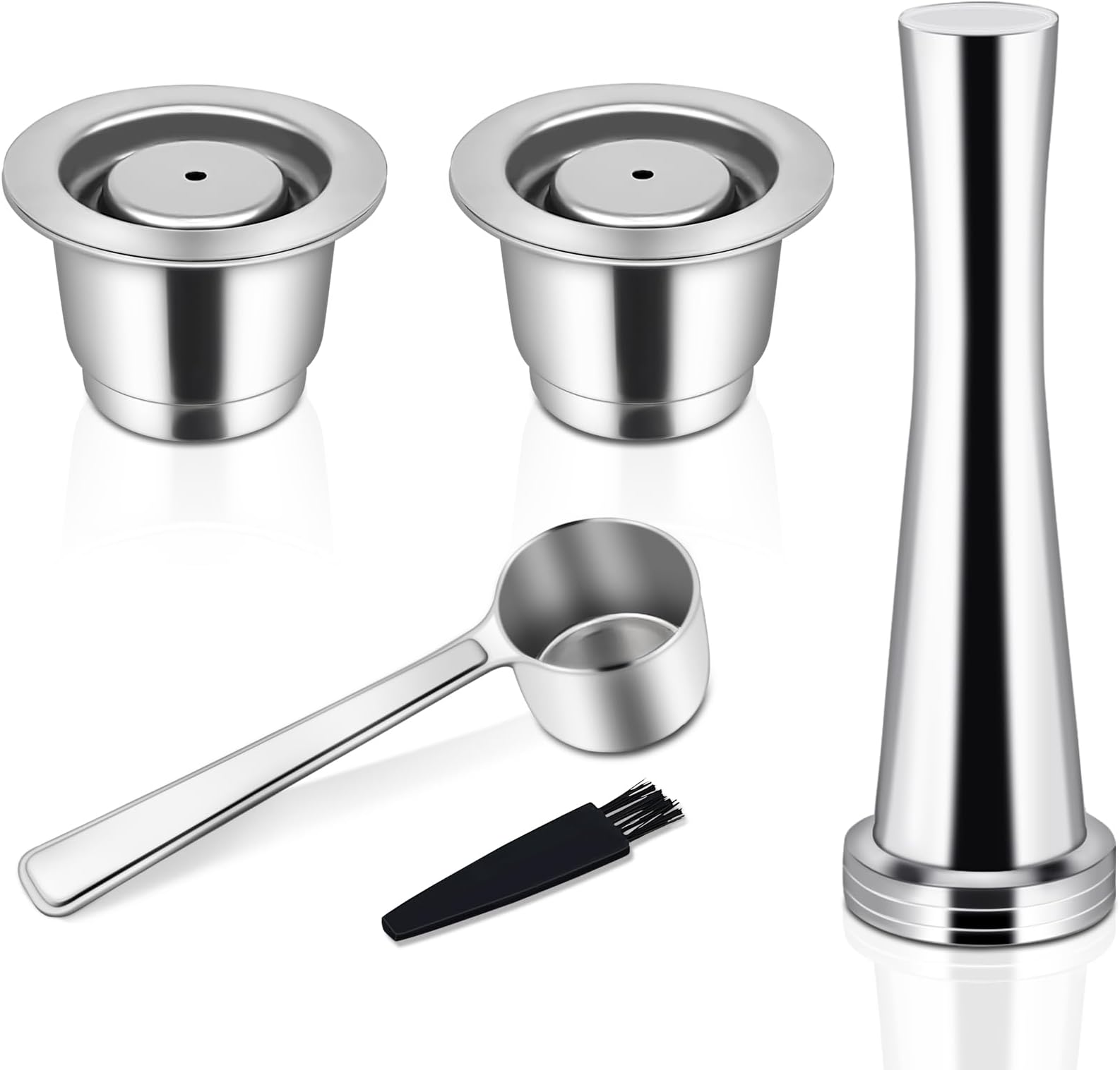 Reusable Coffee Capsules for Originales, Stainless Steel Refillable Coffee Pods, 2pcs Reutilisable Refillable Espresso Capsule(2 Cup+ Tamper+ Stainless Steel Spoon)
