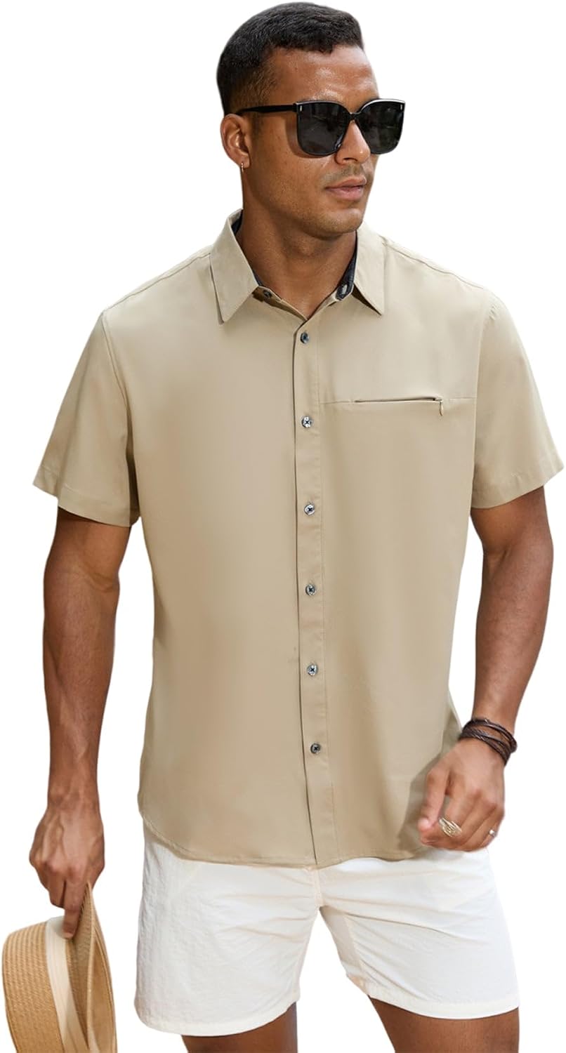 GSOU SNOW Mens Fishing Shirts Short Sleeve Button Up Hiking Shirt Cooling Quick Dry Vented