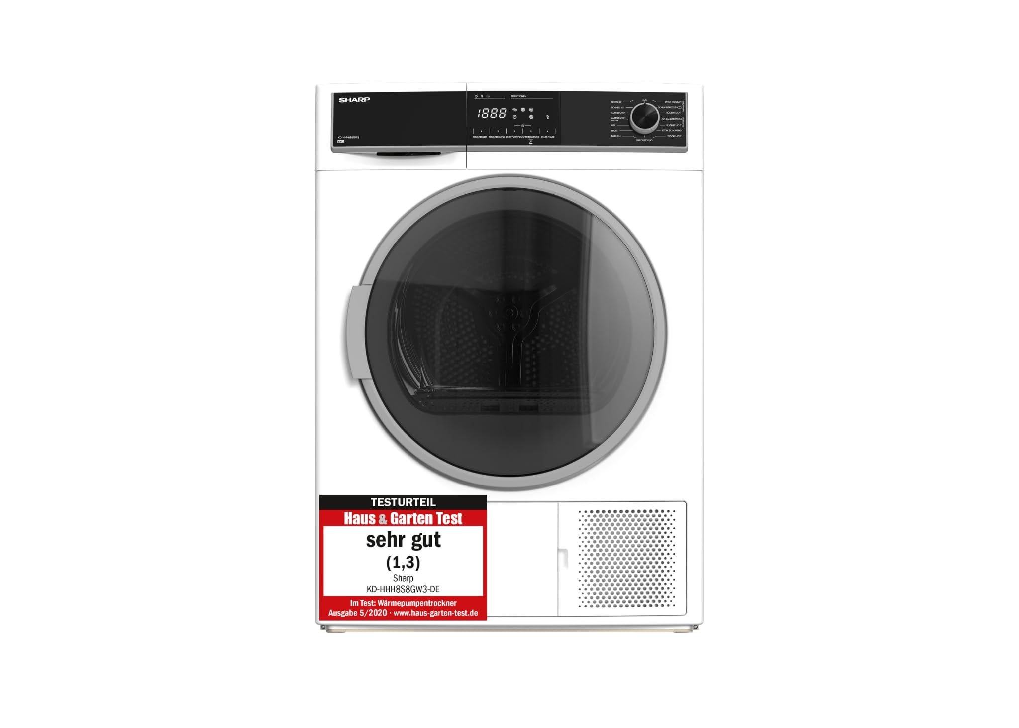 Sharp KD-HHH8S8GW3-DE Wärmepumpentrockner/C / 8 kg/BubbleDrum-Schontrommel inkl. Trommel-Innenbeleuchtung / 15 Trockenprogramme / 30-minütigen Schnellprogramm/Wechselbarer Türanschlag/Weiß