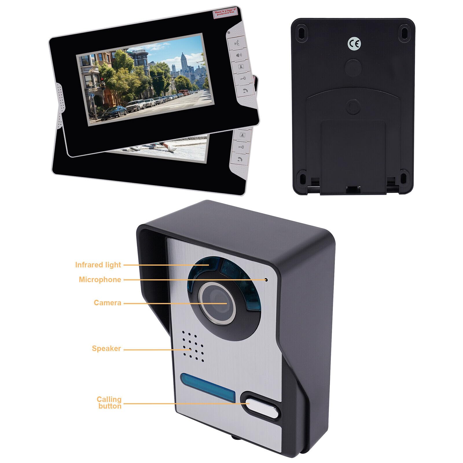 Video Türsprechanlage 2 Monitore 7" Farb-TFT-LCD mit Kamera und Nachtsicht – Drehbare Kamera, Freisprechanlage, Wetterfest IP65 – Gegensprechanlage mit Türöffner für Einfamilienhaus
