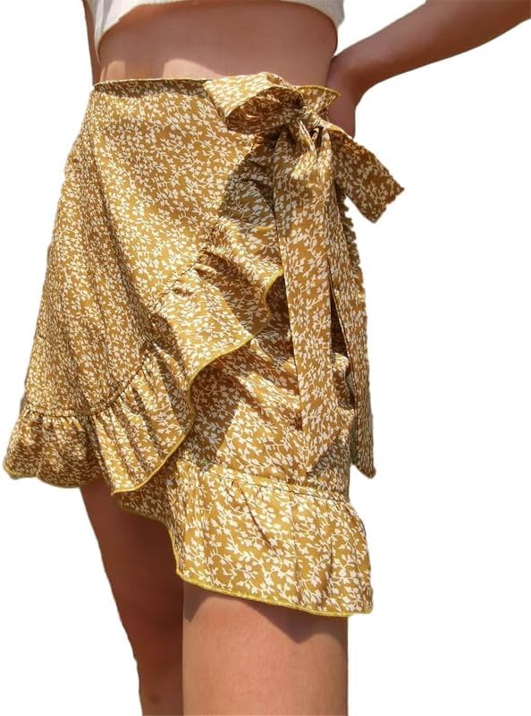 Women's Floral Mini Skirts Wrap Pleated Ruffle Hem Cute Beach A Line Short Skirts Ruffle Irregular Hem