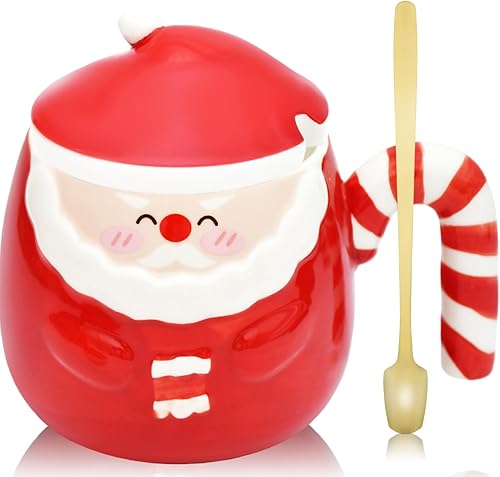 Peclek Taza de Navidad de Papá Noel de 16 onzas con tapa y cuchara, bonita taza de café de cerámica festiva, regalo de taza de té para adultos,
