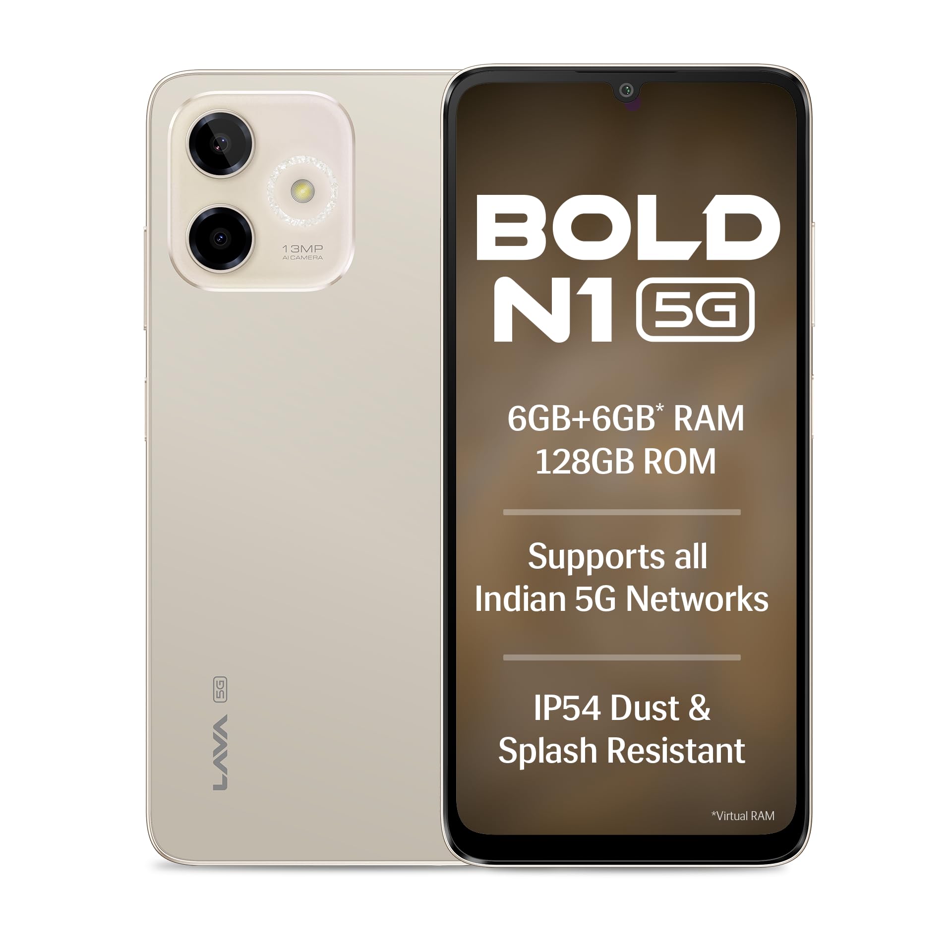 Lava Bold N1 5G (Champagne Gold, 6GB RAM, 128GB Storage) |Bigger 6.75" HD+ Notch Display | Octacore 5G Processor | 13 MP AI Camera |5000 mAh Battery| IP54 Rated Dust & Water Splash Proof-picture-34