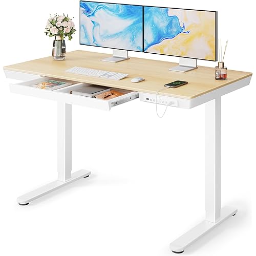 Marsail Electric Solid Standing Desk, 48 x 24 inch Standing Desk with Drawer, Height Adjustable Desk with Tabletop & USB Charging Ports, Sit Stand Desk with Storage for Home & Office Natural