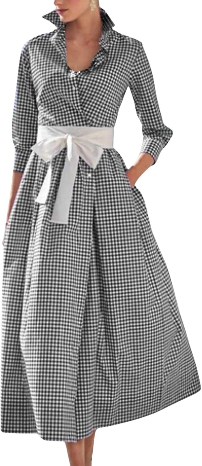 chouyatou Women's Retro Plaid Button Up Maxi Shirt Dress 3/4 Sleeve Gingham Pocketed Long Dress with Belt