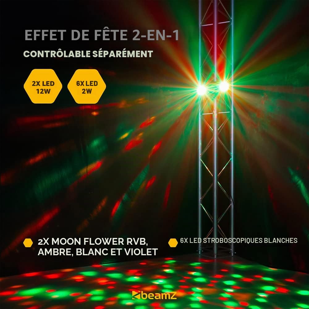 BeamZ StrobeMoon Jeu de Lumière 2 en 1 - Effets Colorés et Fonction Stroboscopique, Mode Autonome ou Détection du Son, Shows Préprogrammés, Télécommande, Idéal pour Animer vos Soirées