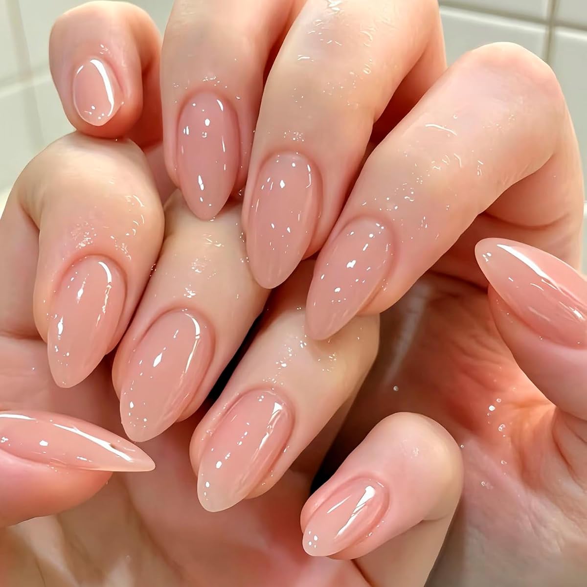 Medium Almond Press On Nails, Nude Pink Fake Nails, Glossy Milky Pink Glue On Nails, Natural Reusable Acrylic Stick On Nails for Women Daily Wear Office Wedding, 24PCS