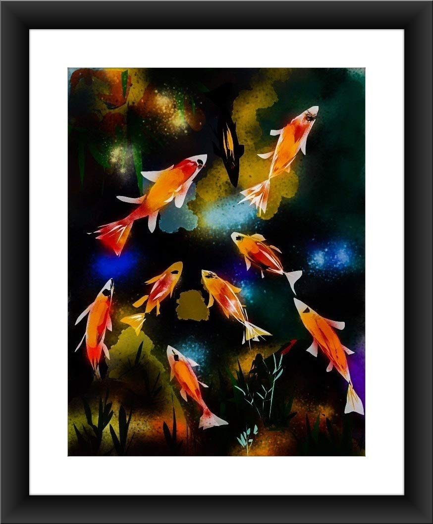 SHSWorks Fengshui Golden Koi Fish Framed Digital Reprint Copyright Protected Artwork Wall Art Canvas Painting Signed by Artist for Living Room Bedroom Home & Office Decor, 20x23 Inch, Multicolour