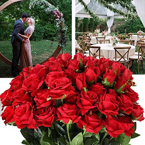 Hawesome 12 peças flores de seda artificial buquê de rosas realistas haste longa para decoração de c