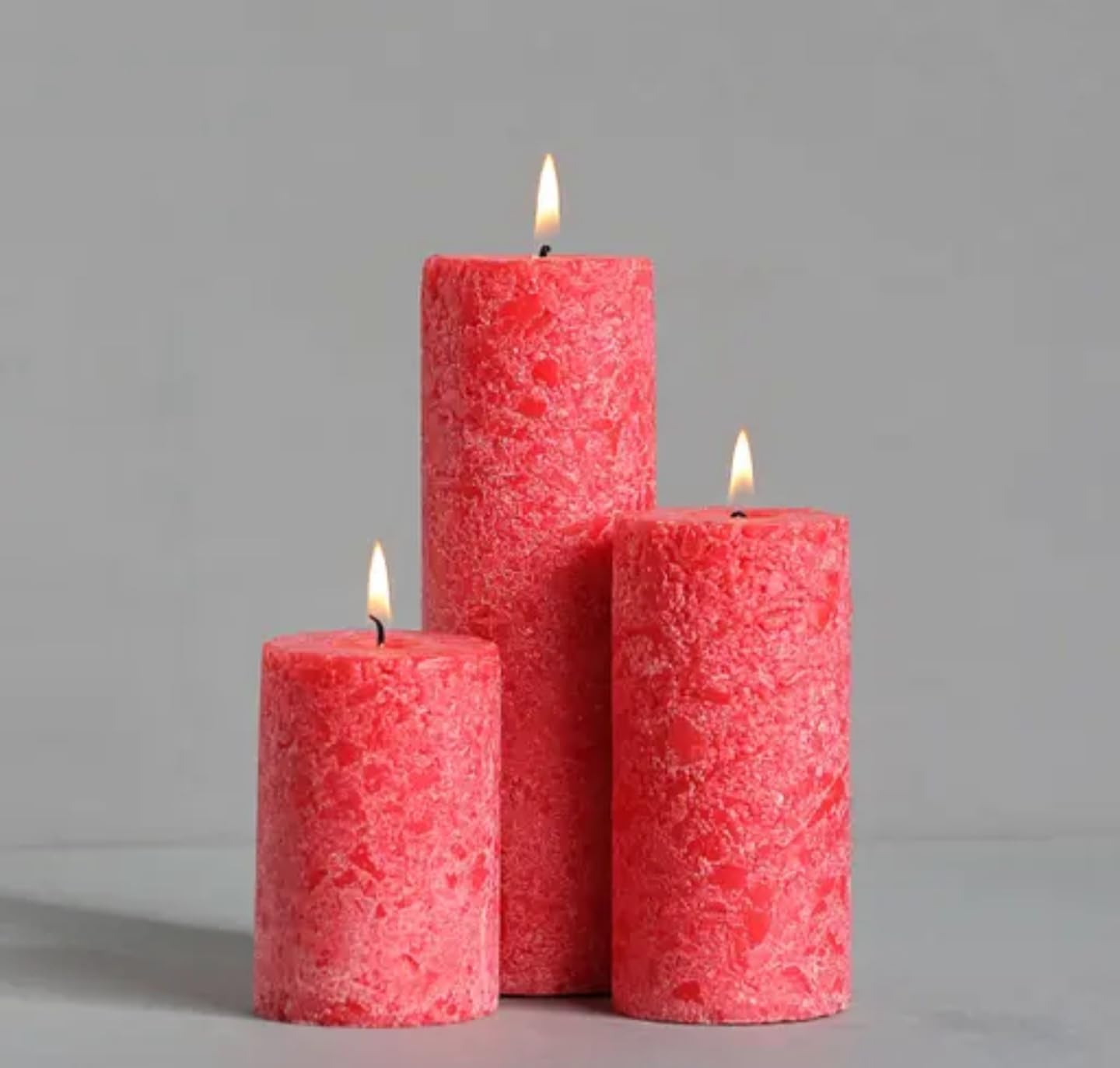 Decorative Pillar Candles, Red, Set of 3, Textured Finish