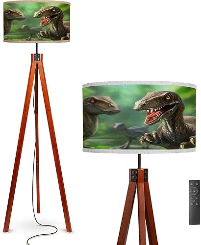WEFHFGK Lámpara de pie con tres dinosaurios, velociraptores en la naturaleza, patas de madera maciza, moderna lámpara de pie con trípode con