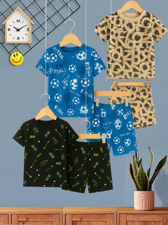 Image of UZARUS Kids Boys' Printed T-Shirt and Shorts Combo Set | Comfortable Summer Wear | Daily Casual Outfit | (Pack of 3)