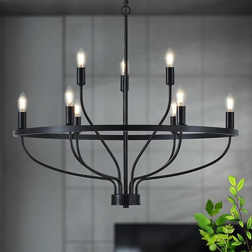 Industrial 30" Black Chandelier Vintage 9-Lights Farmhouse Candle Style Black Chandeliers Light Fixture Retro Modern Black Chandelier for Dining Room, Kitchen Island, Living Room, Bedroom, E12