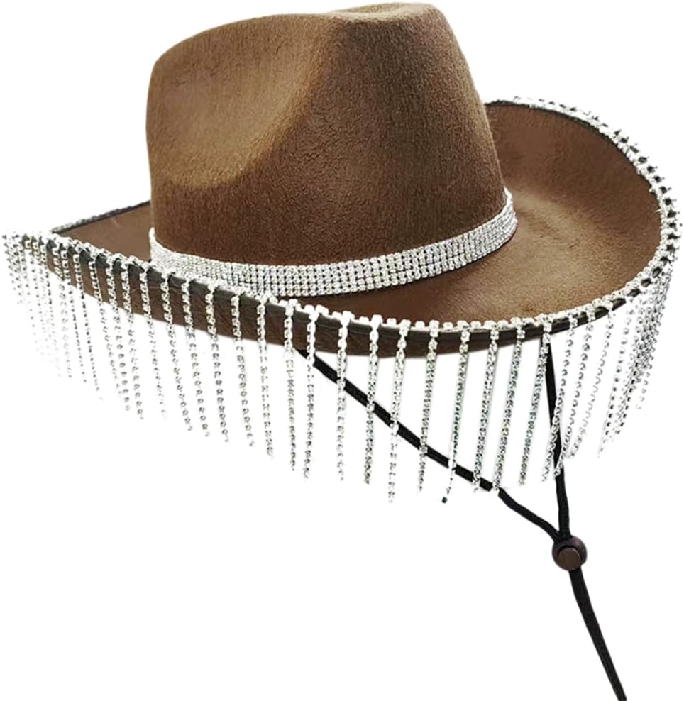 Rhinestones Cowgirl Hats Glitter Rave Cow Girl Hat with Rhinestones Fring