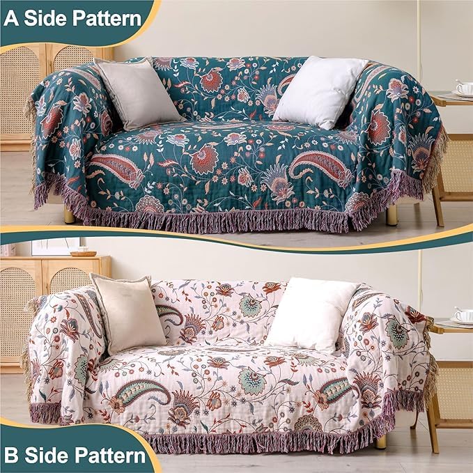 Boho Throw Blanket for Bed,100% Ultra Cotton Soft Breathable Bed Throw Floral Printed Farmhouse Decor Rustic Bed Throws for Couch Sofa Quilt White Flowers 60" x 80" - Image 3