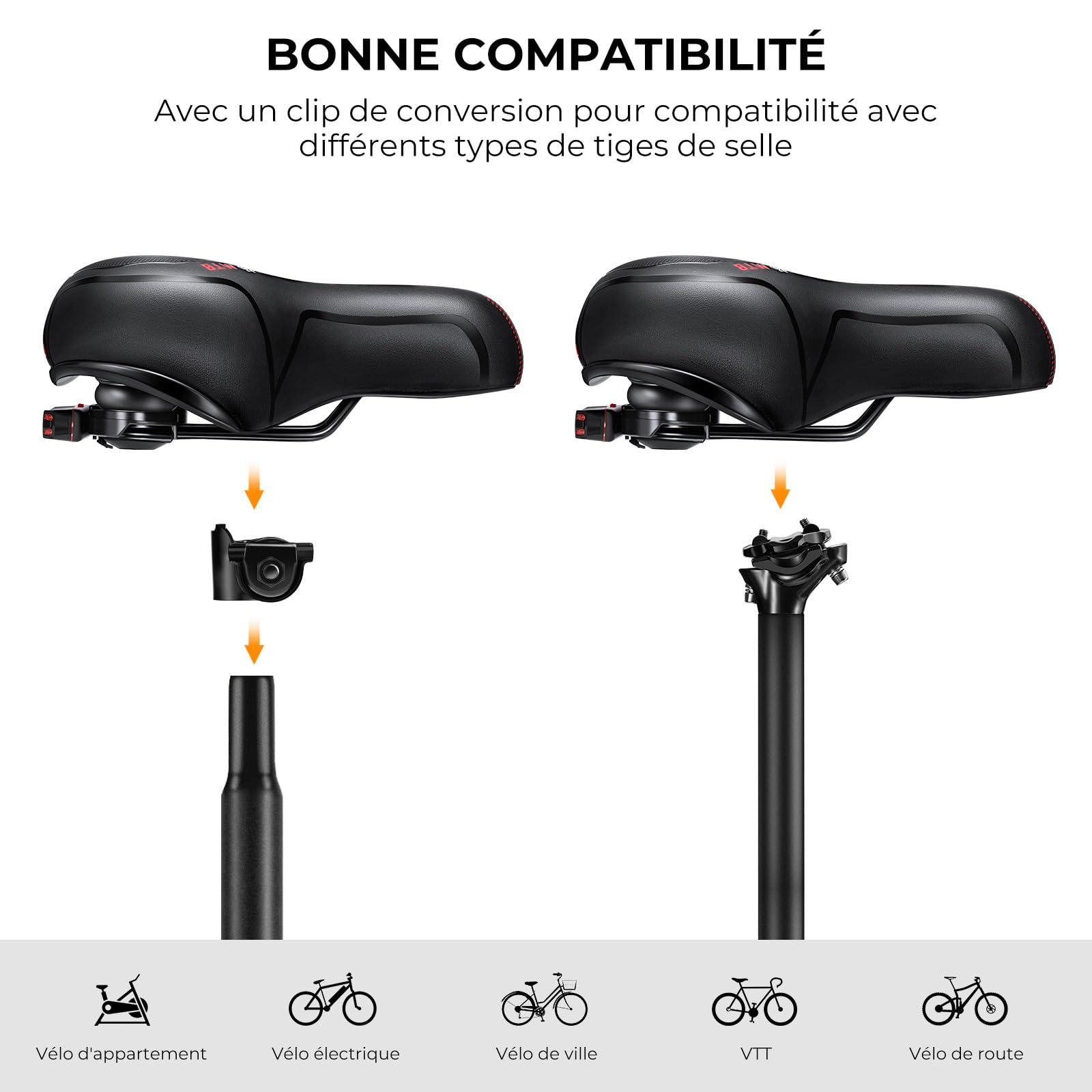 YOUNGDO Selle de Vélo Ultra Confortable, Selle Vélo avec Feu Arrière, Selle Velo Confortable avec Boule d'Amortisseur à Double Ressort, Imperméable, Doux, Respirant, pour Vélo de Ville/VTT