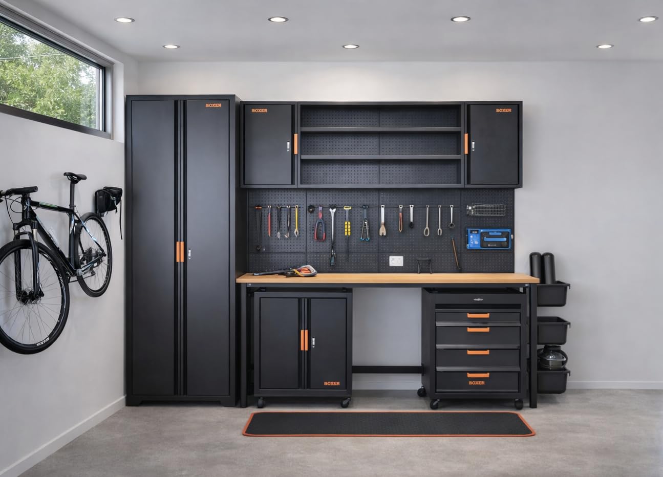 Set de banco de trabajo Boxer® - equipamiento para taller - incluye banco de trabajo, armario alto, armario superior, carros y paredes de herramientas - pies ajustables en altura - para garaje y