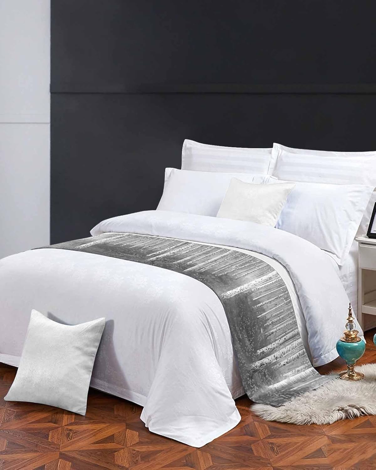 Grey Forest Tree Bed Runner Scarf Full Queen Size,Bed Throw Runners&Scarves for Twin Full Queen King Foot of Bed,Bedroom Hotel Wedding Room Decoration,Farmhouse Country Nature Scenic Painting 83"x20"