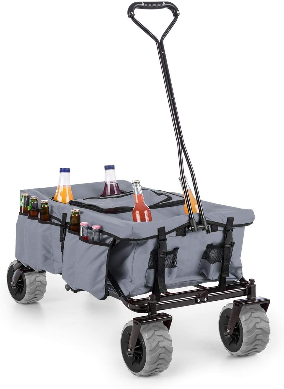 Waldbeck Greyjoy Hand Cart Wagon Trolley Foldable (68 Kg Load Capacity, Side Pockets, Cooling Bag, Drink Holders, PU Plastic Wheels) Grey