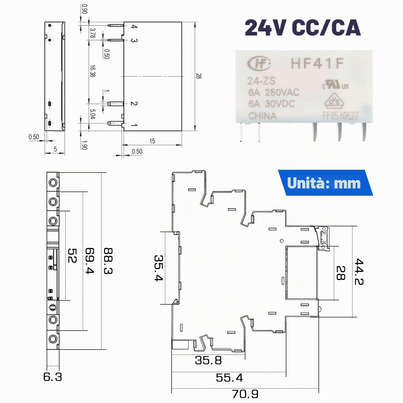 Relè di Segnale DIN 24V per PLC, HF41F/24-ZS 5 pin 1NO 1NC | 6A SPDT con Indicatore LED, Relè 24V CC, Max 6A 250VAC/30VDC(10 pcs)