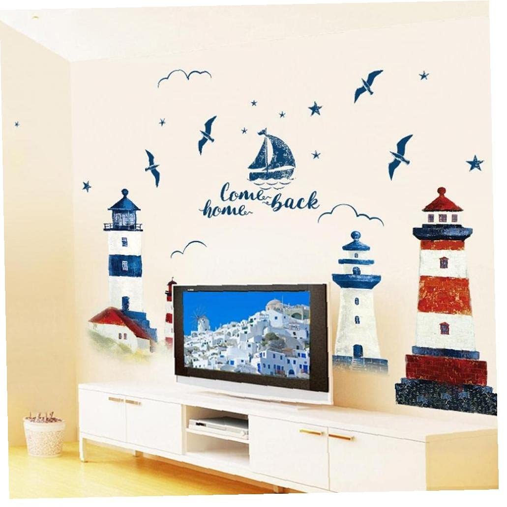 Ruluti Sea Sailboat Lighthouse Wall Stickers Background Decoration Bedroom Sofa Mural Wallpaper Art Decals Sticker