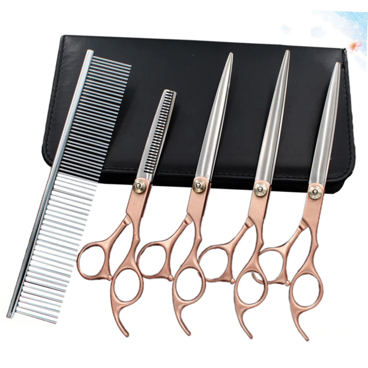 Juego de Tijeras de Peluquería para Mascotas 7 Pulgadas Dorado | Acero Inoxidable, Mango Ergonómico, 6 Piezas con Bolsa de Almacenamiento y Peine de Corte