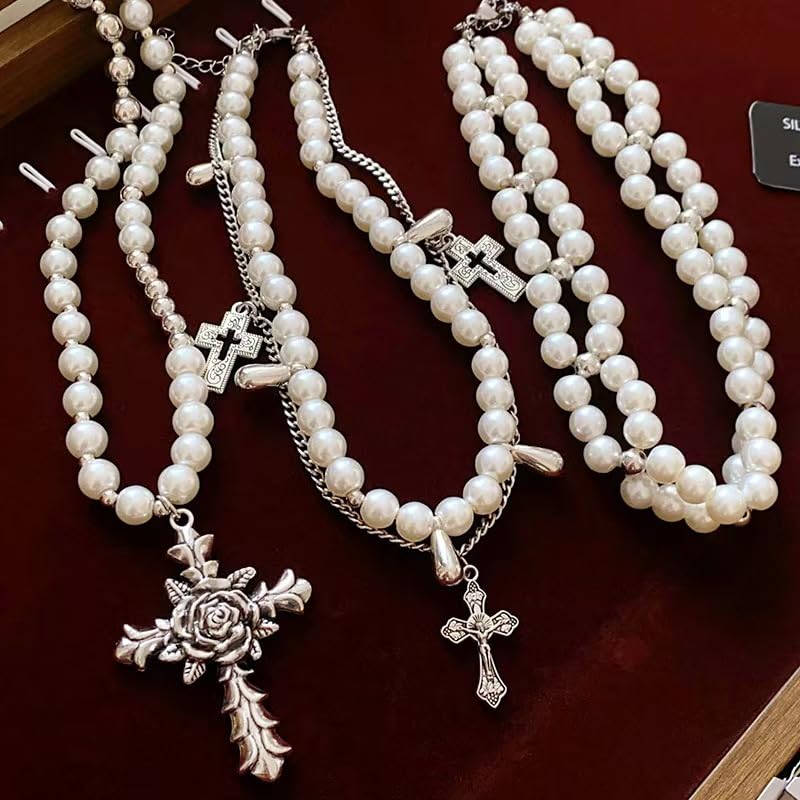 Gothic Pearl Cross Necklace Y2K Layered Cross Pearl Stacked Choker Necklace for Wome4