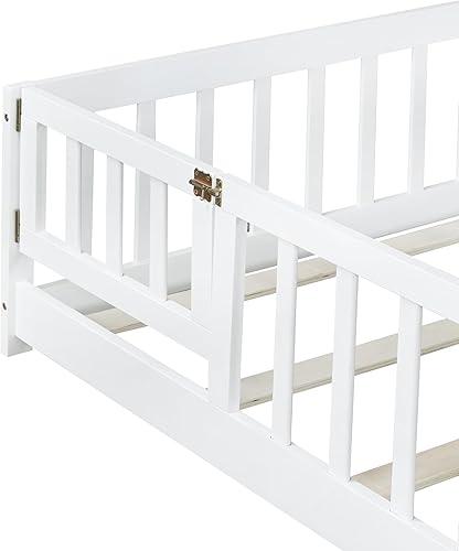 Miniatura 100 de Harper & Bright Designs Cama de suelo tamaño Queen con valla y puerta, marco de cama Montessori de madera para niños, niñas, listones incluidos, no