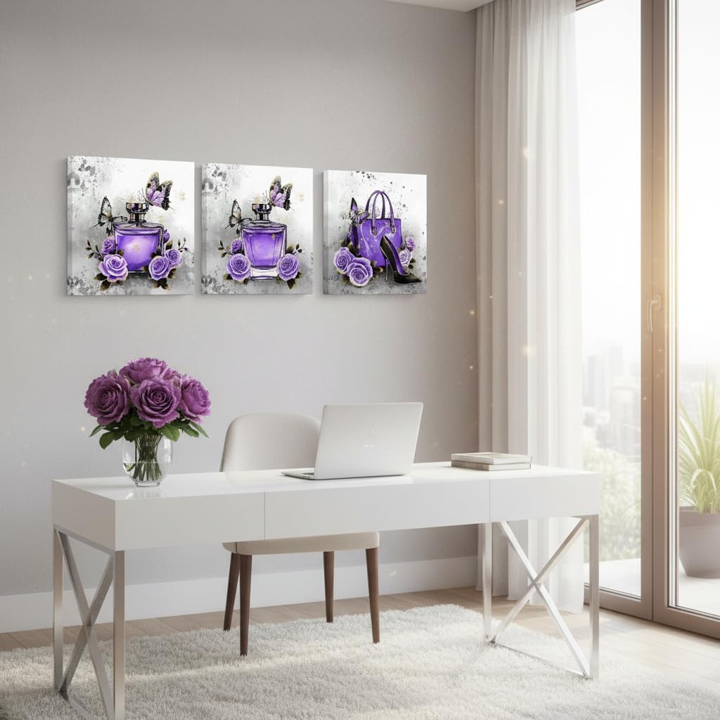 OuElegent Purple Grey Wall Decor Fashion Wall Art Handbag Perfume Pictures Fashion Paintings for Women 12''x12''x3(Purple)