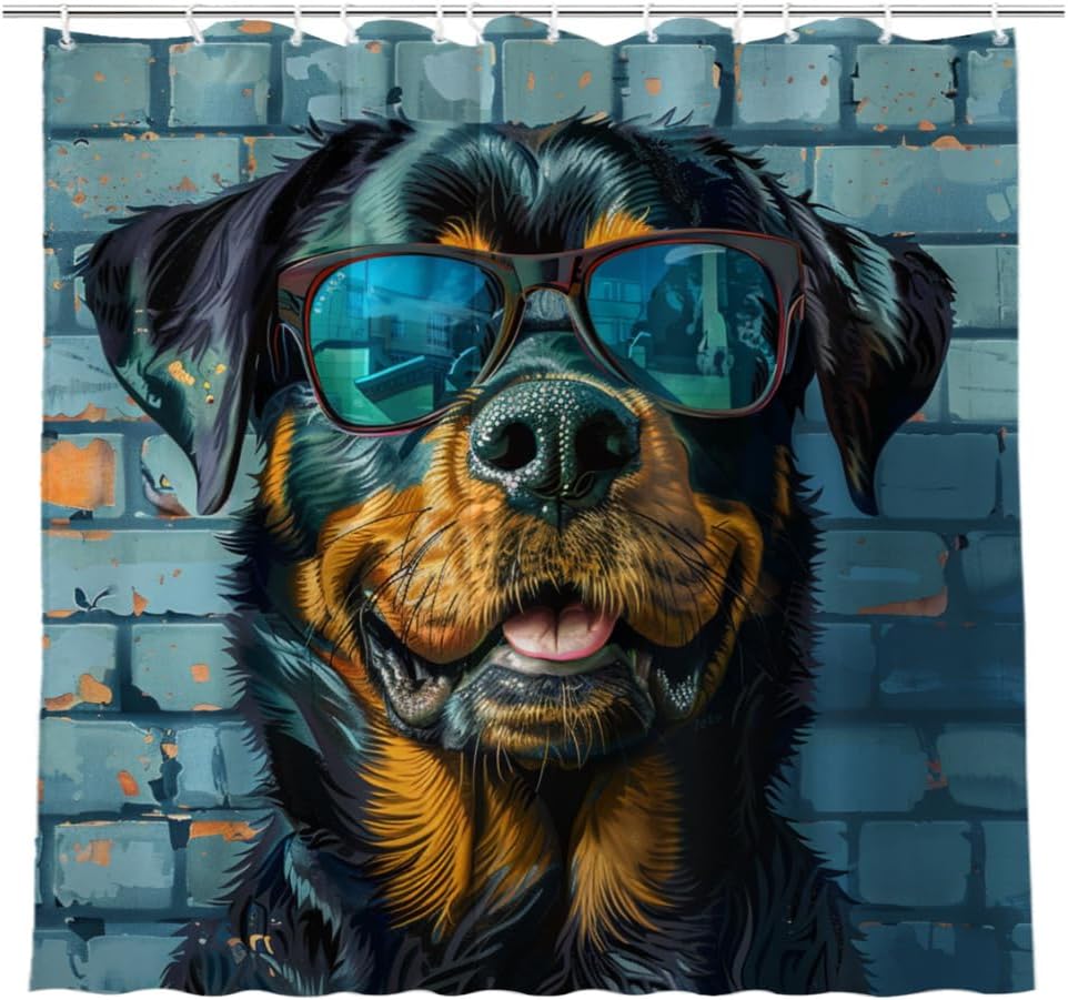 NGZ Rottweiler Shower Curtain with Sunglass Shower Curtain Farmhouse Flower Funny Rustic Blossom Fabric Bathroom Decor Set with Hooks(72Wx72H)