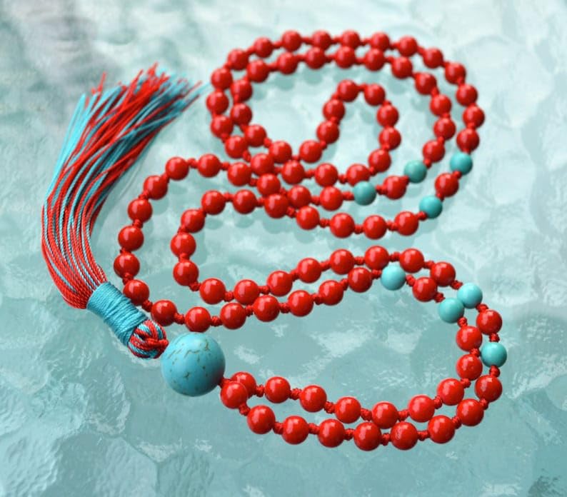 Cuentas Mala de piedra turquesa de coral rojo, collar de 108 mala, nudo mala, collar WWG, joyería de yoga, cuentas de meditación, joyería espiritual, joyería bohemia, 34inch, Gema