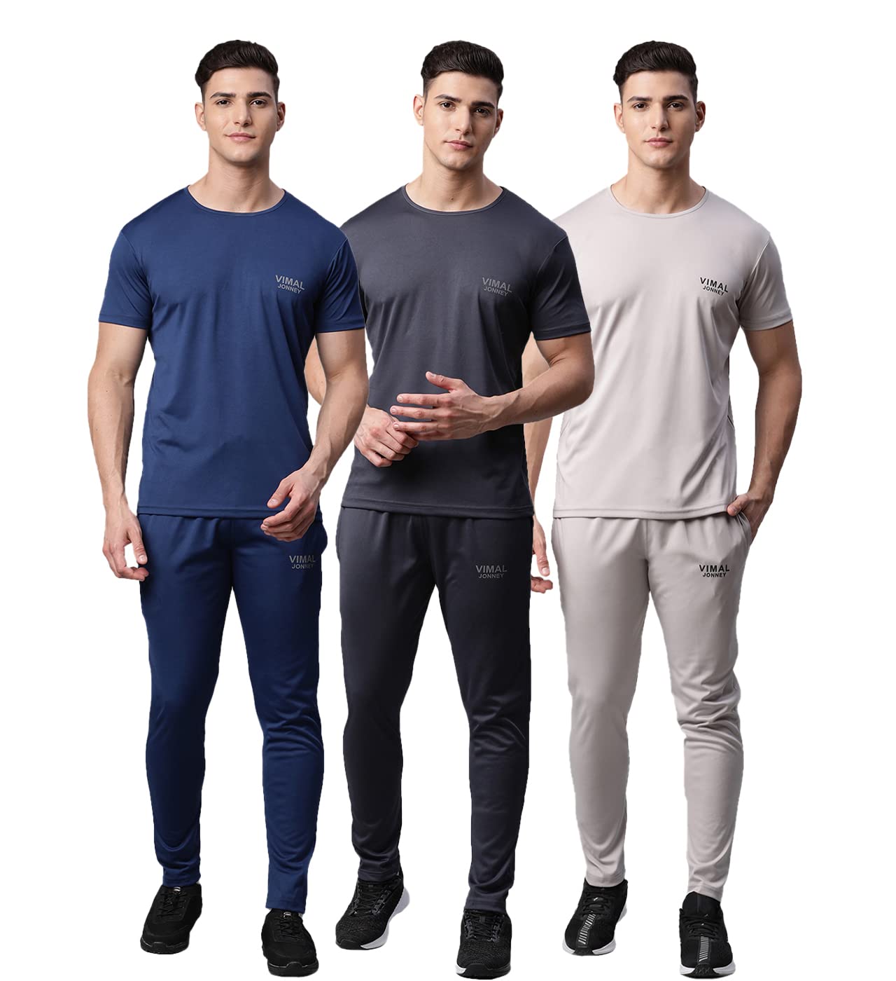 Mack JonneyVIMAL JONNEY Dryfit Solid Lycra Multicolor Tracksuit Co-ord Sets for Men (Pack of 3)-DRYFIT_T_D10_BLU_GRY_L.GRY_06-L
