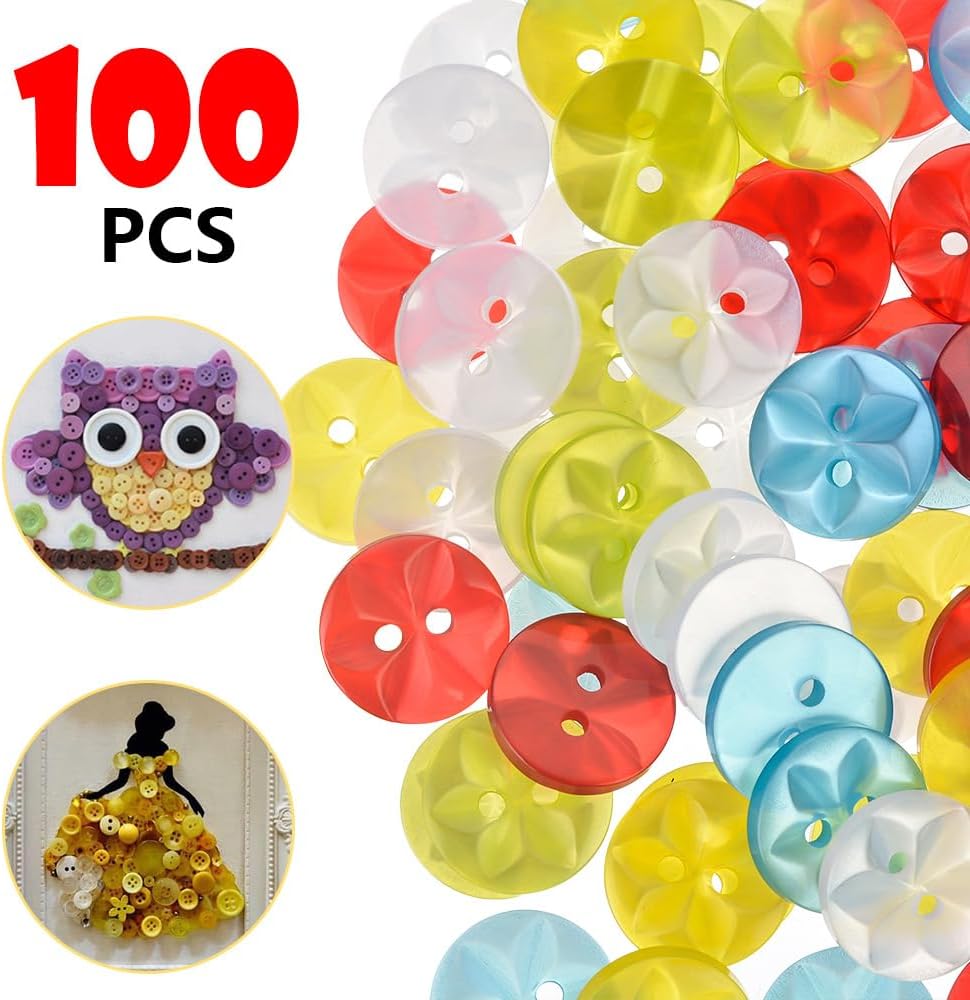 Scoop Poppy's Buttons - 100 Mixed Small Baby Star Buttons Size 22 (14mm) - 20 Each White, Lemon, Pink, Blue, Lilac