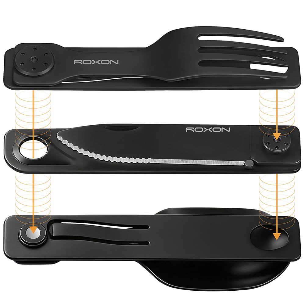 ROXON 3-in-1 Camping Utensil Set (Knife, Spoon, Fork) Titanium-Plated Black