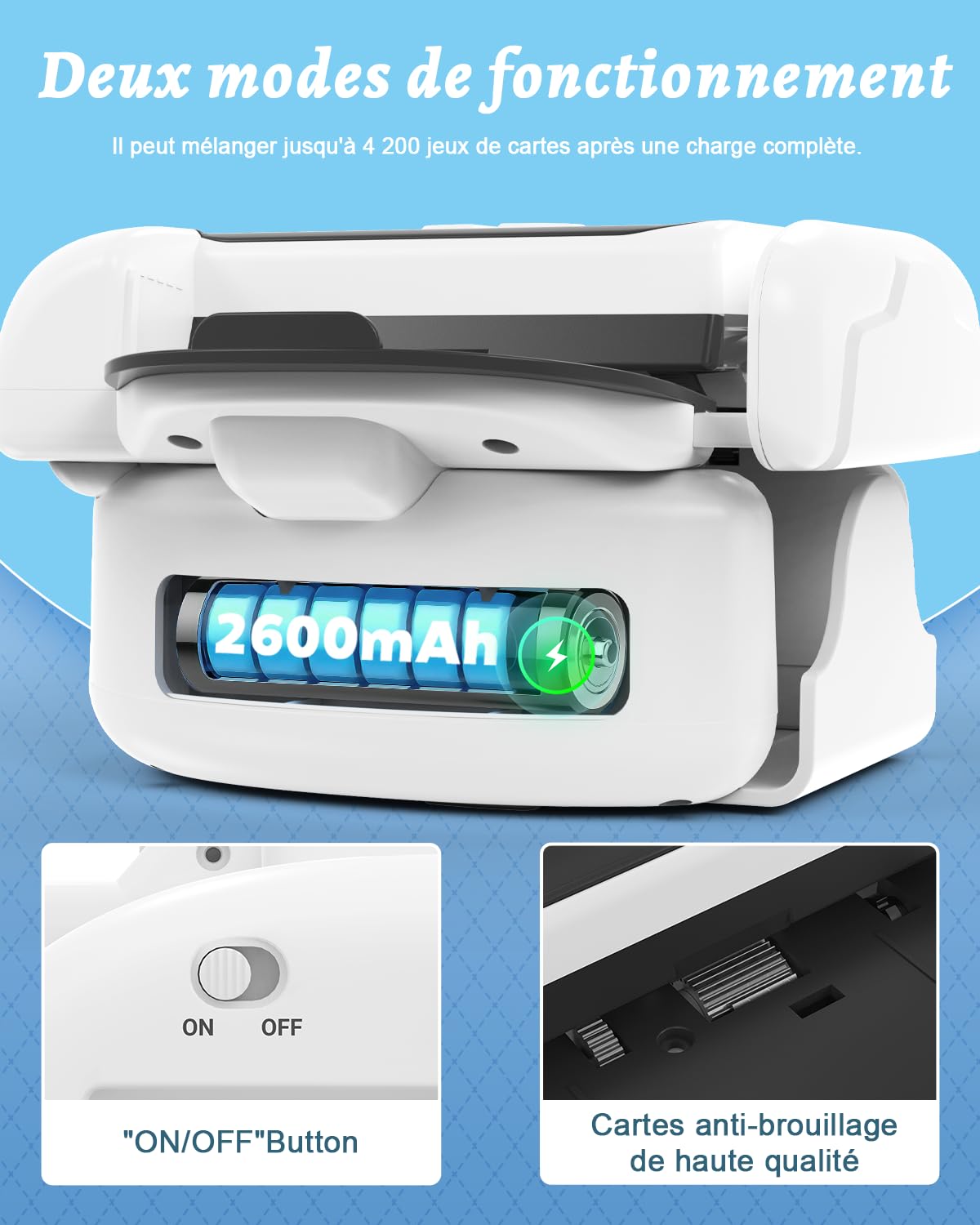 Holiky Mélangeur de Cartes Automatique, Mode Auto/Manuel, Portable et Rechargeable 2600 mAh, Silencieux, Compatible avec UNO, Poker, Blackjack, Skip-Bo