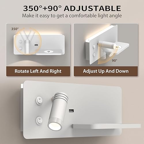 Miniatura 4 de HYMELA M01 - Luz de lectura montada en la pared con carga inalámbrica, lámpara de pared multifuncional con interruptor puerto USB, lámpara de pared