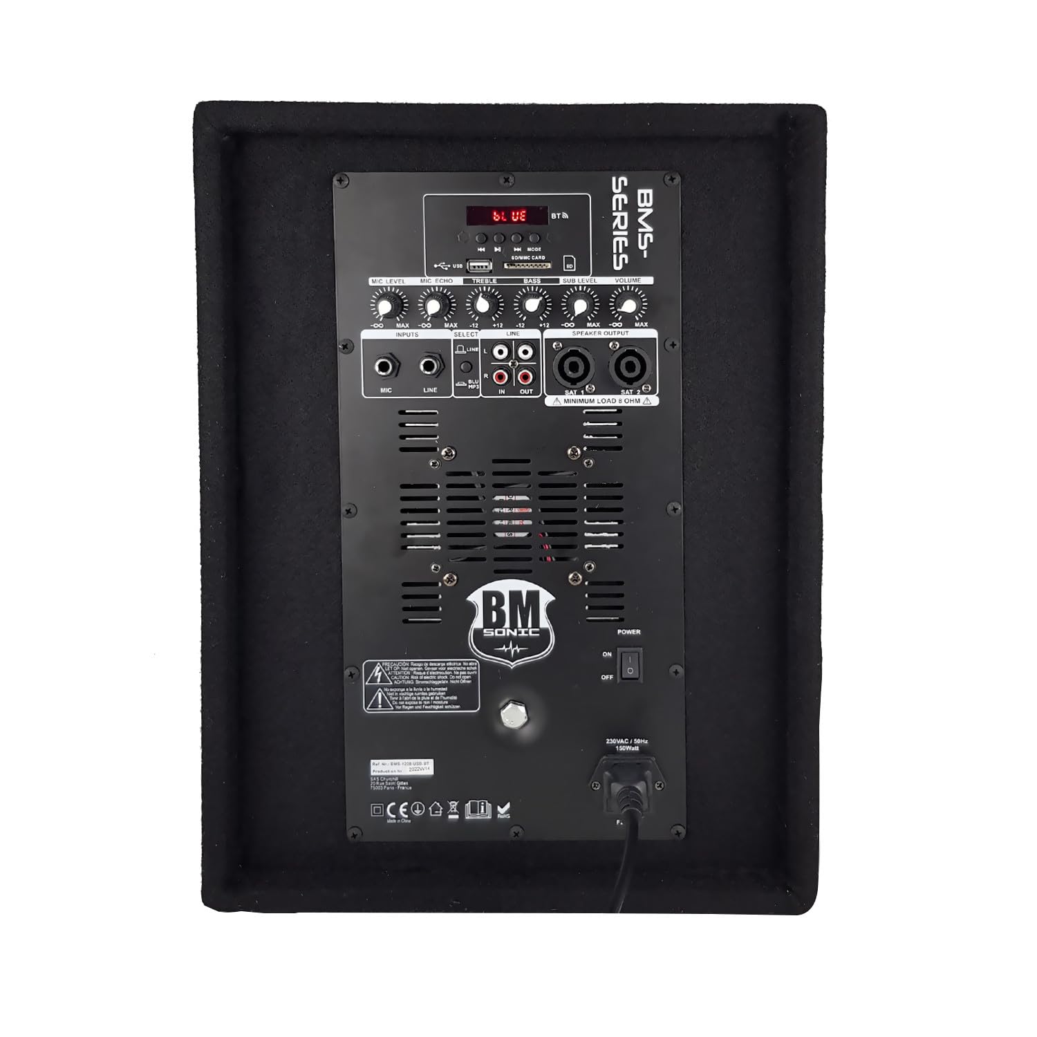 BM SONIC Caisson bi-amplifié 600W 1208-SOLO Bluetooth USB Boomer 30cm 12" Réglages séparés Graves et aigus