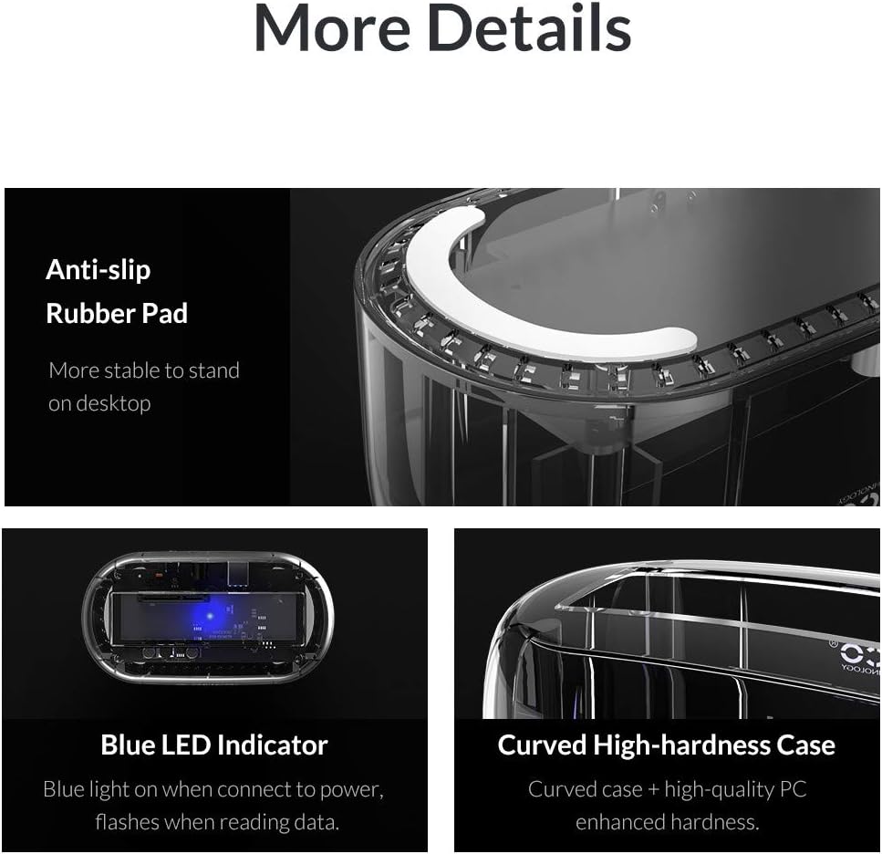 Close-up of ORICO 6139U3 docking station showing anti-slip pad, blue LED indicator, and curved case